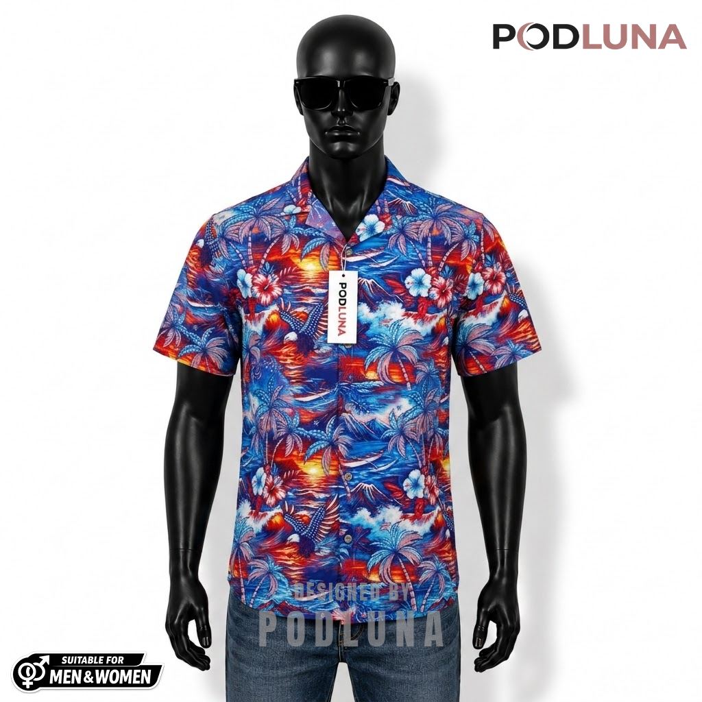 Eagle Patriotic Hawaiian Shirt Sunset Palm Tree Print Front