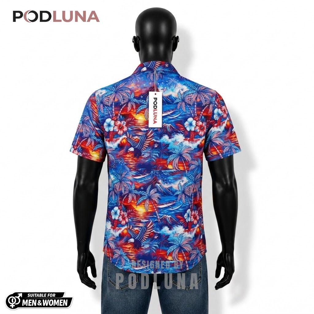 Eagle Patriotic Hawaiian Shirt Sunset Palm Tree Print Back Eagle Patriotic Hawaiian Shirt Sunset Palm Tree Print Back