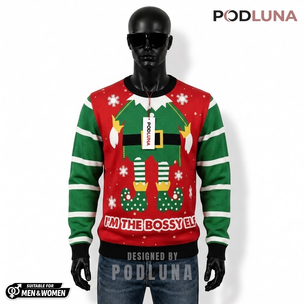 Elf Costume Ugly Christmas Sweater Bossy Funny Front