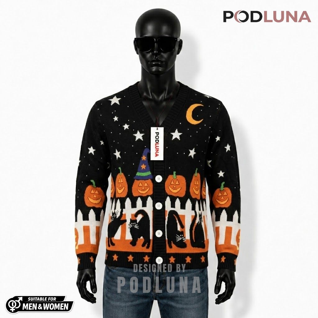 Fence Halloween Cardigan Black Cat Pumpkin 1