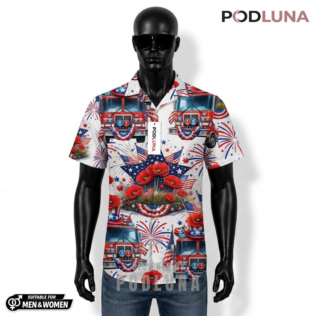 Fire Truck Patriotic Hawaiian Shirt Poppy Star Print Design Front
