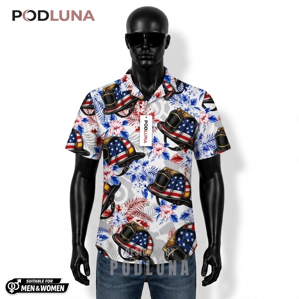 Firefighter Helmet Patriotic Hawaiian Shirt USA Hibiscus Print Front