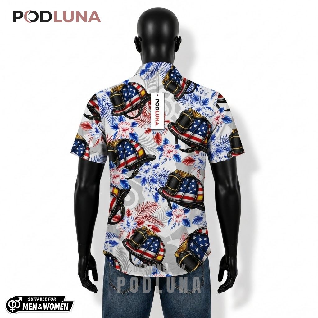 Firefighter Helmet Patriotic Hawaiian Shirt USA Hibiscus Print Back Firefighter Helmet Patriotic Hawaiian Shirt USA Hibiscus Print Back