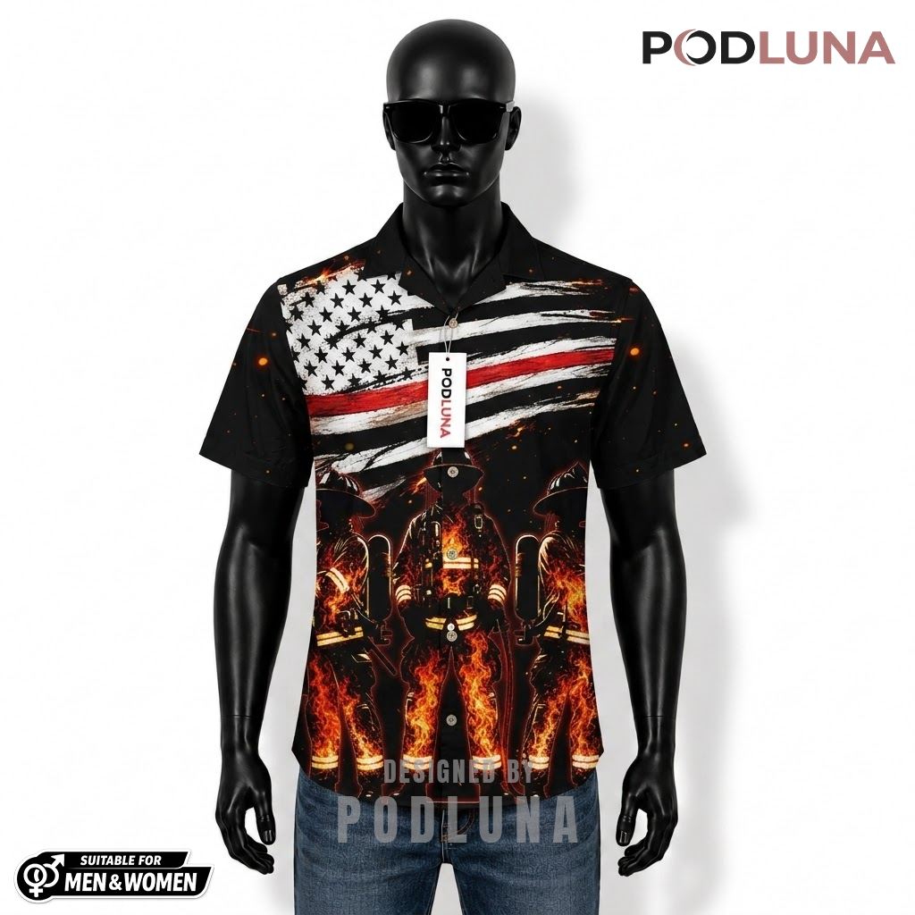 Firefighter Patriotic Hawaiian Shirt Thin Red Line Flame Front