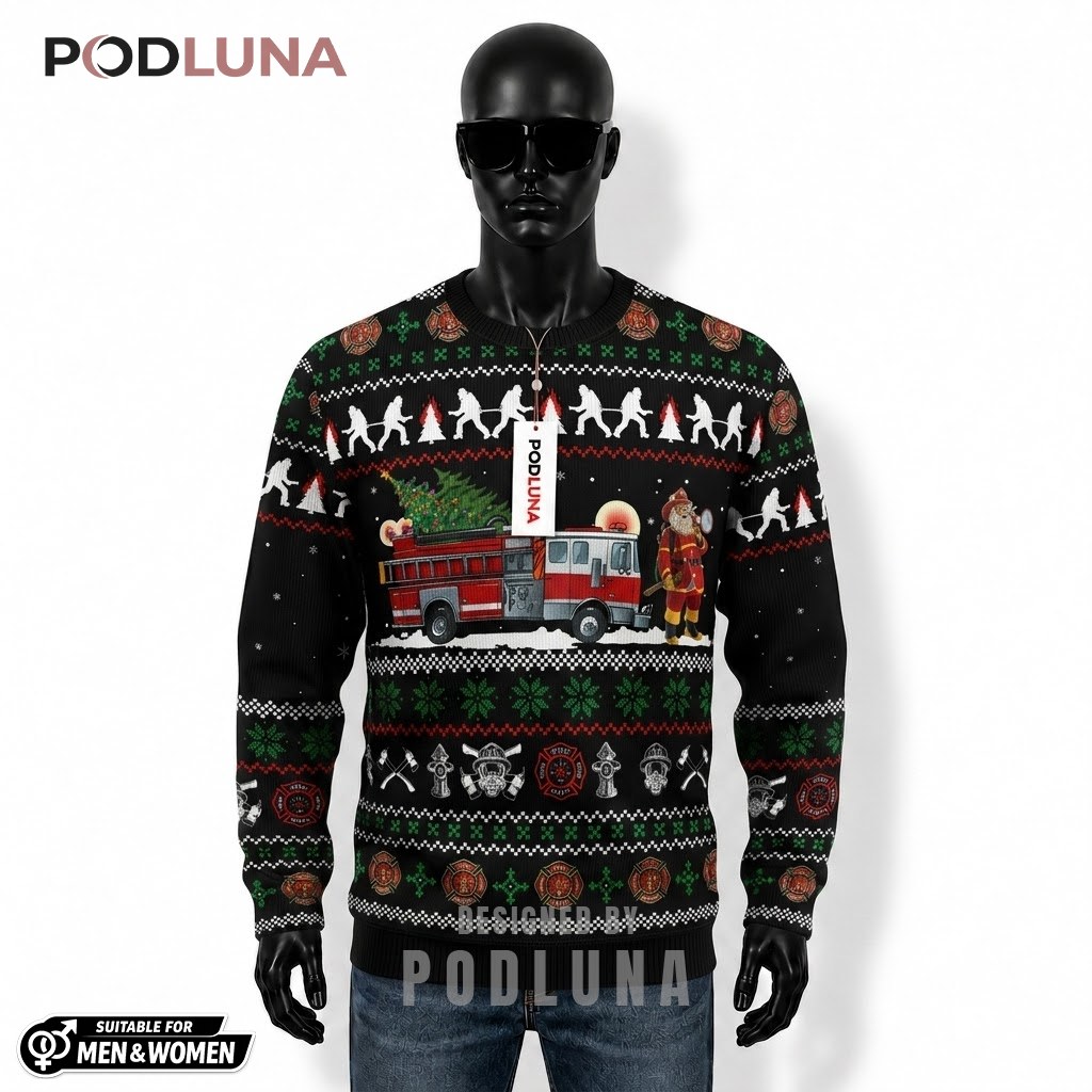 Firefighter Ugly Christmas Sweater Santa Fire Truck Front