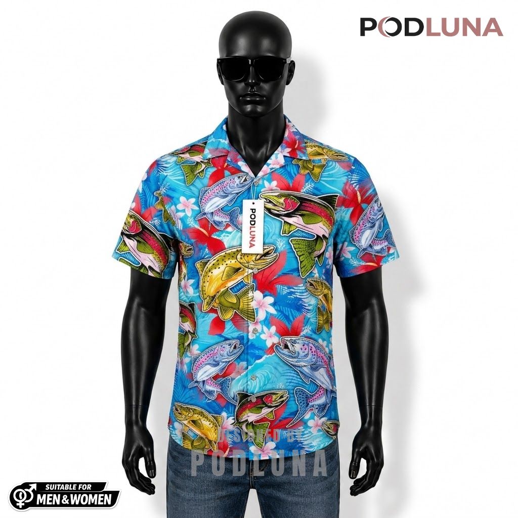 Fishing Hawaiian Shirt Rainbow Trout Tropical Floral Print Front