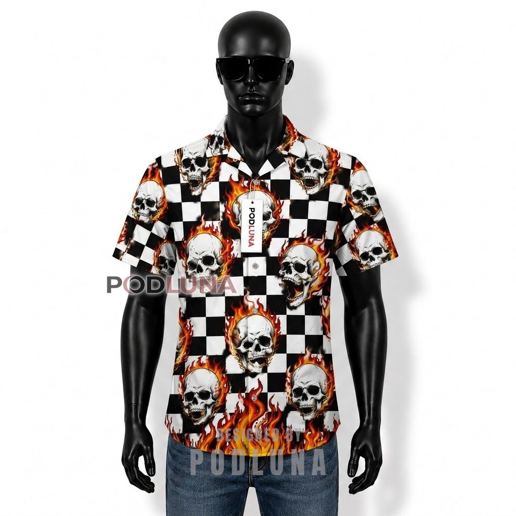 Flaming Skull Checkered Hawaiian Shirt Front