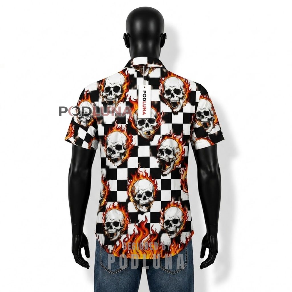 Flaming Skull Checkered Hawaiian Shirt Back Flaming Skull Checkered Hawaiian Shirt Back