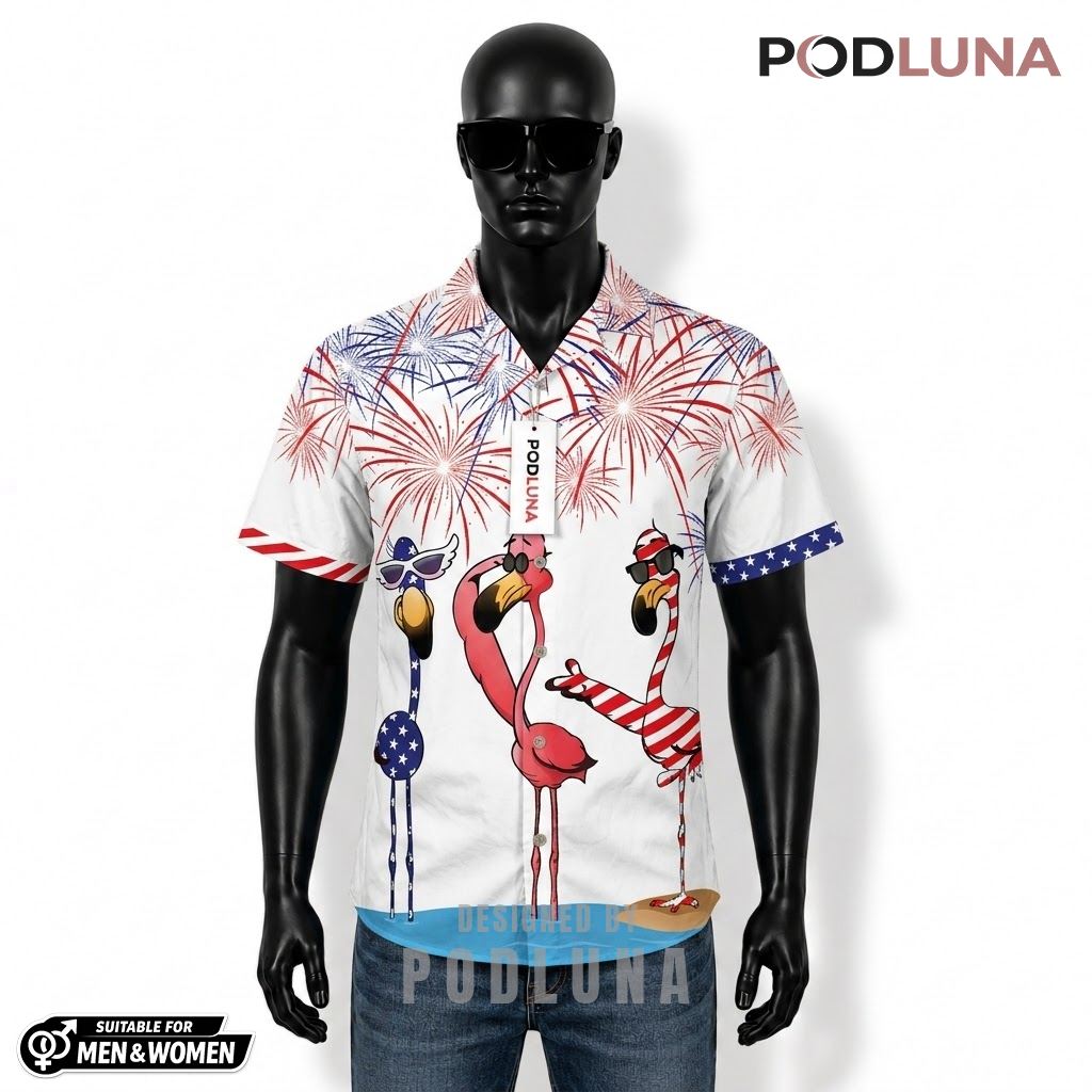 Flamingo Patriotic Hawaiian Shirt Sunglasses Fireworks Design Front