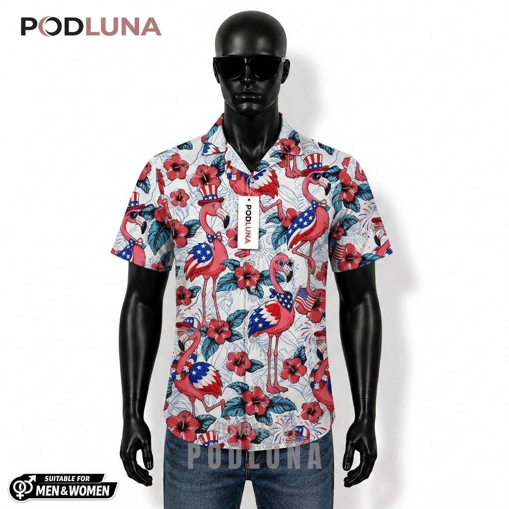 Flamingo Patriotic Hawaiian Shirt Top Hat Hibiscus Design Front