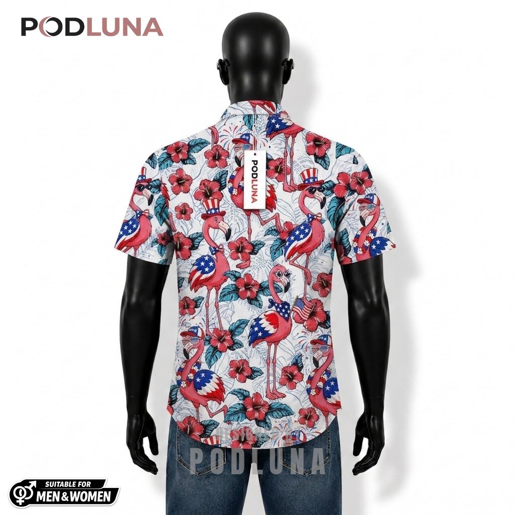 Flamingo Patriotic Hawaiian Shirt Top Hat Hibiscus Design Back Flamingo Patriotic Hawaiian Shirt Top Hat Hibiscus Design Back