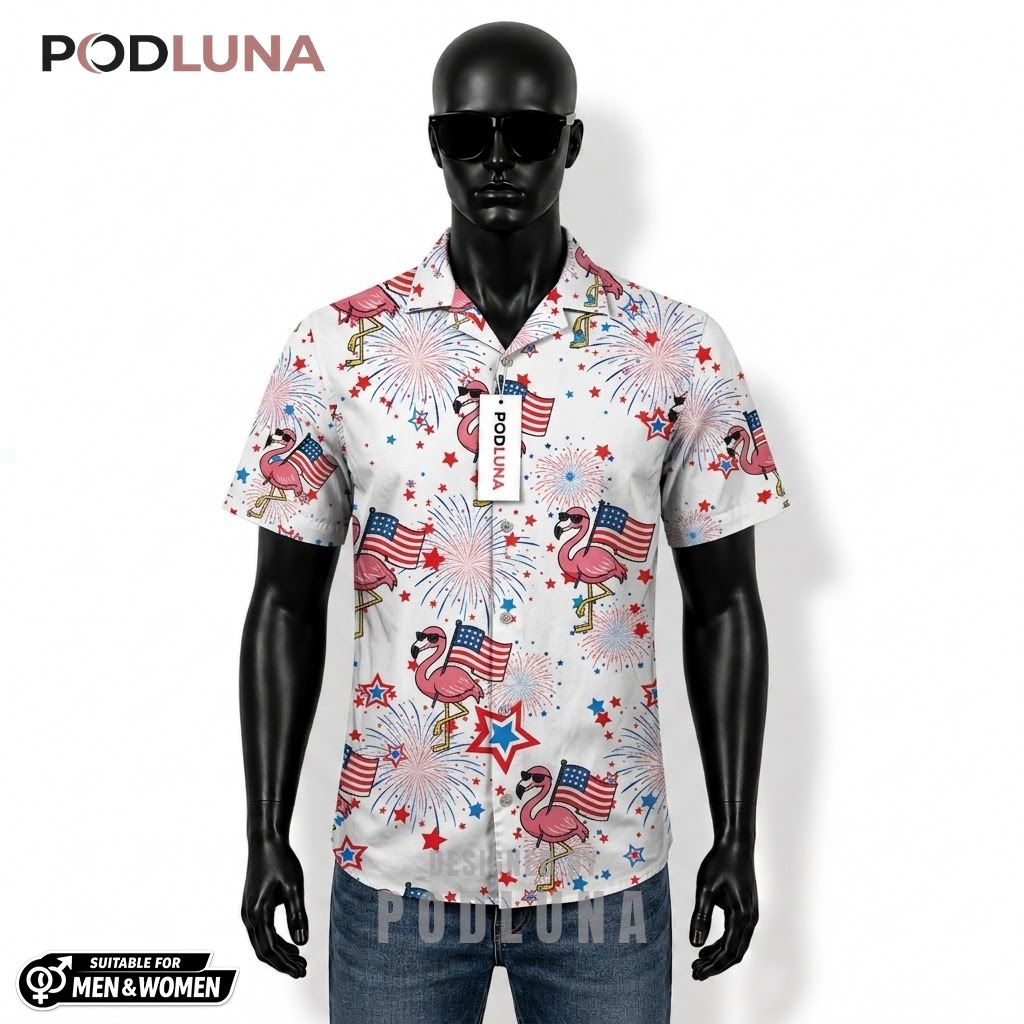 Flamingo Patriotic Hawaiian Shirt USA Flag Sunglasses Print Front