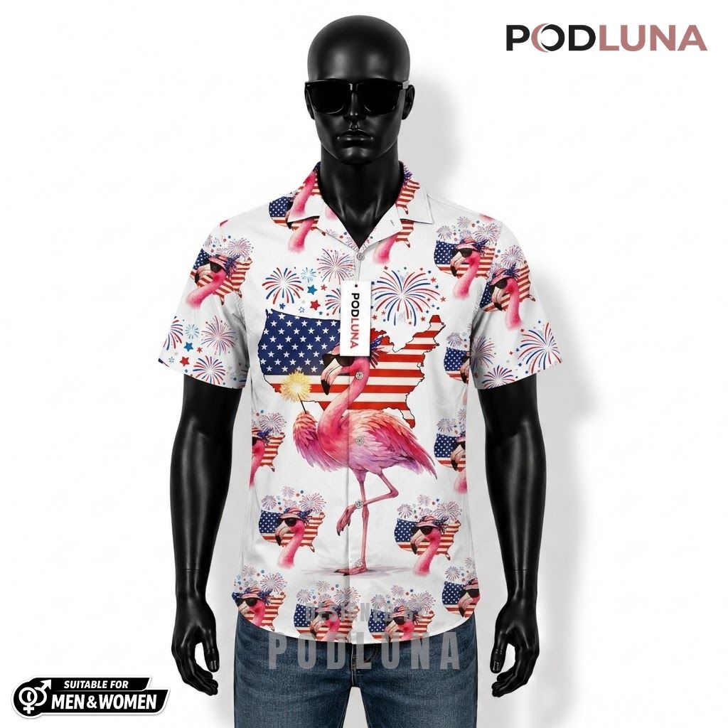 Flamingo Patriotic Hawaiian Shirt USA Map Fireworks Design Front