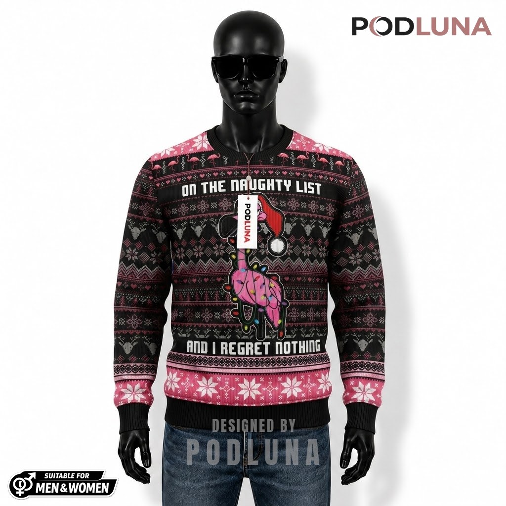 Flamingo Ugly Christmas Sweater Naughty List Funny Front