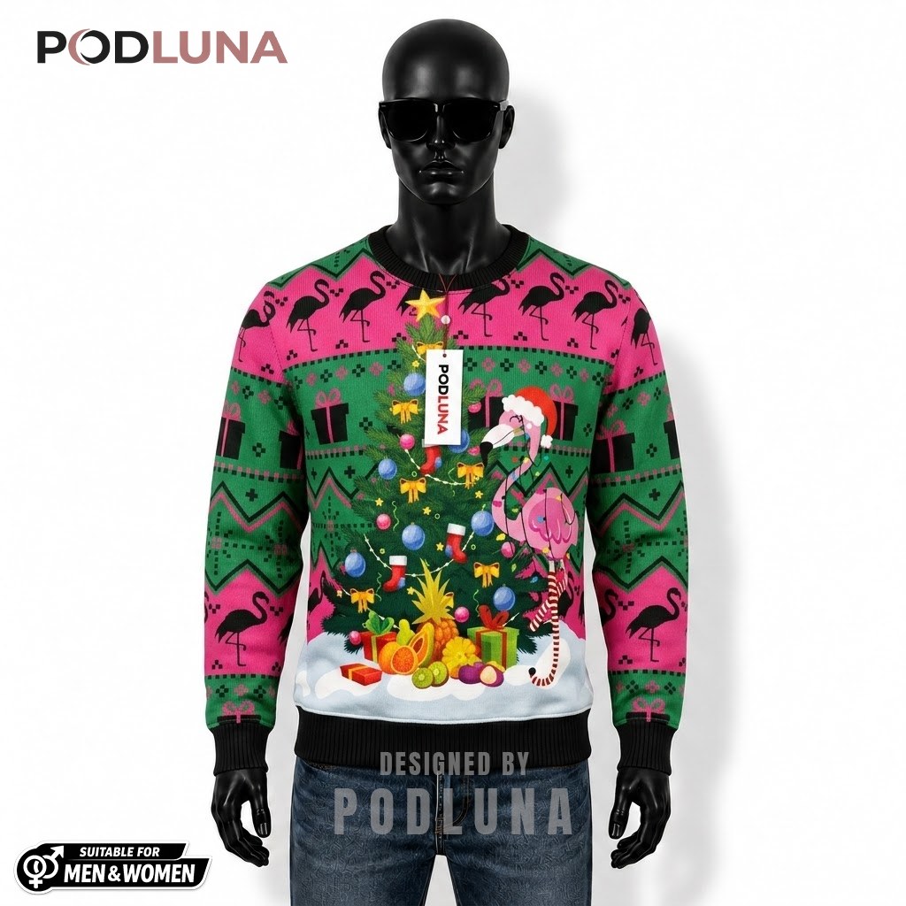Flamingo Ugly Sweater Christmas Pink Green Pine Pattern Front
