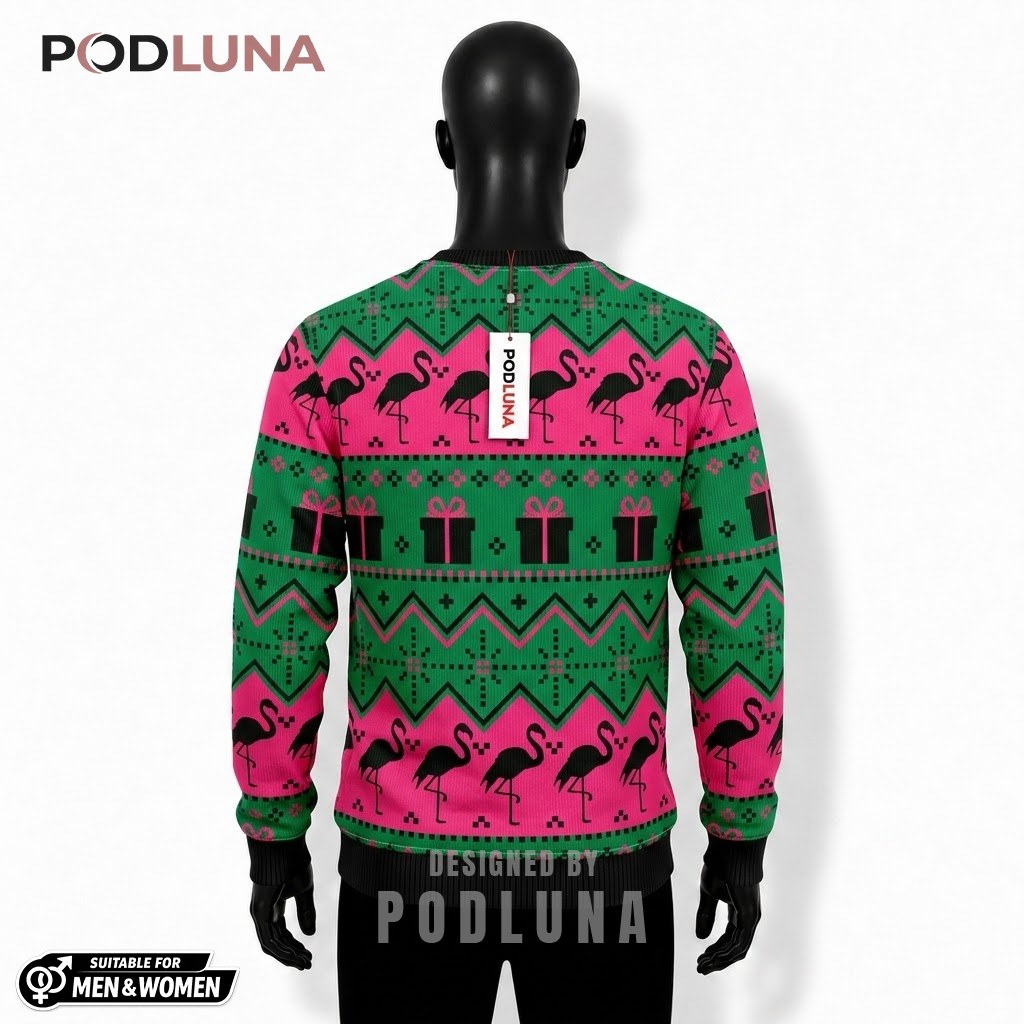 Flamingo Ugly Sweater Christmas Pink Green Pine Pattern Back Flamingo Ugly Sweater Christmas Pink Green Pine Pattern Back