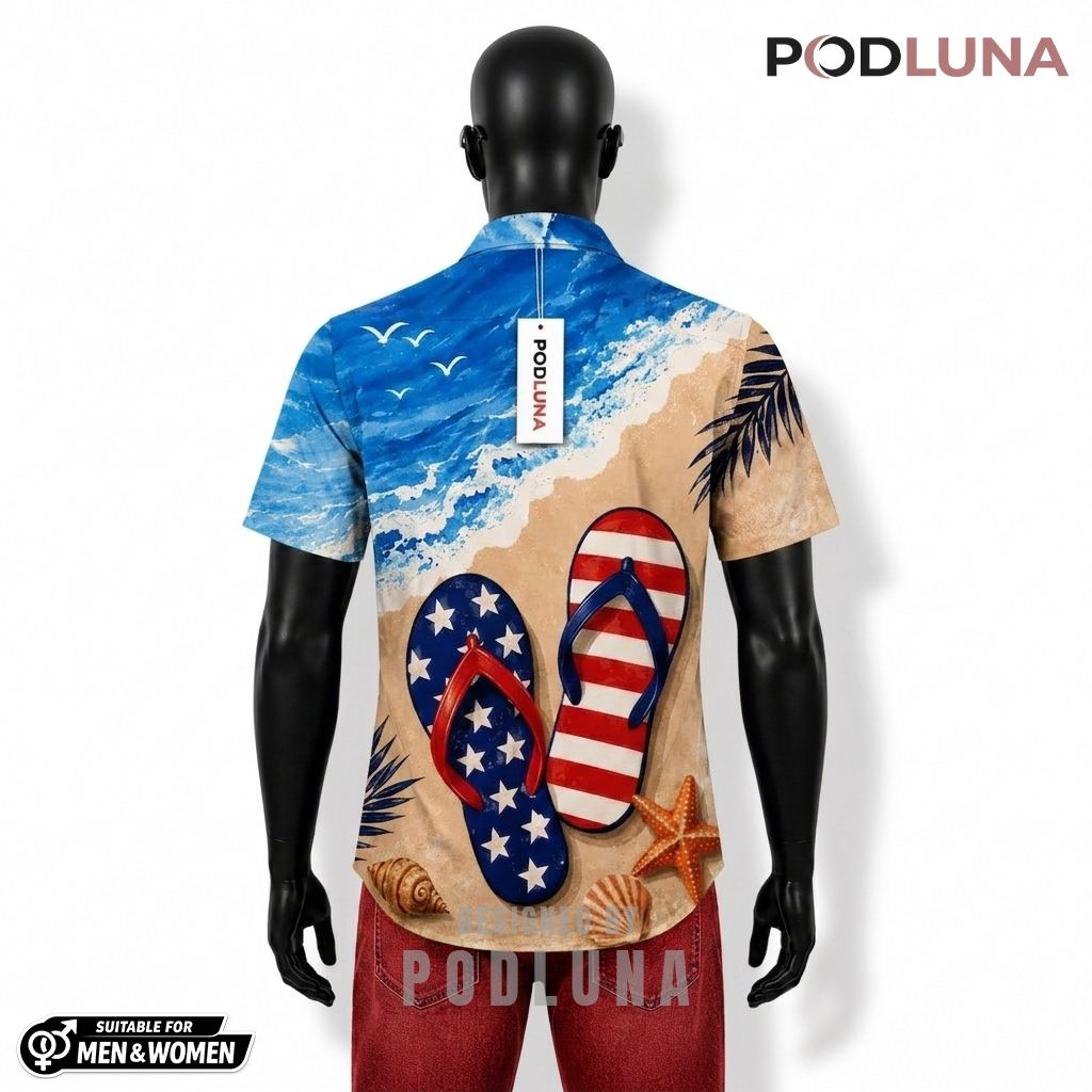 Flip Flop Patriotic Hawaiian Shirt USA Beach Starfish Design Back Flip Flop Patriotic Hawaiian Shirt USA Beach Starfish Design Back