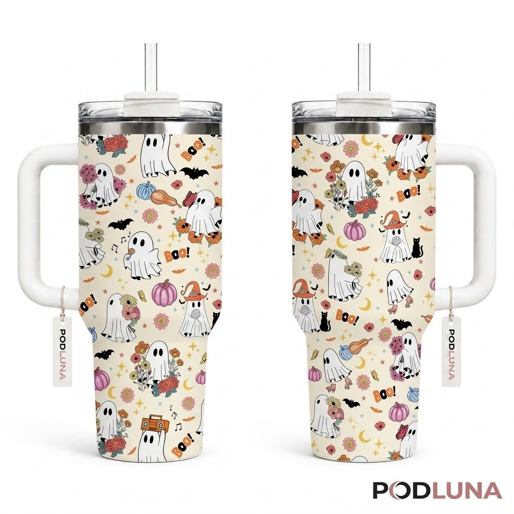 Floral Ghost Halloween Tumbler 40oz Boo Black Cat Boombox Design