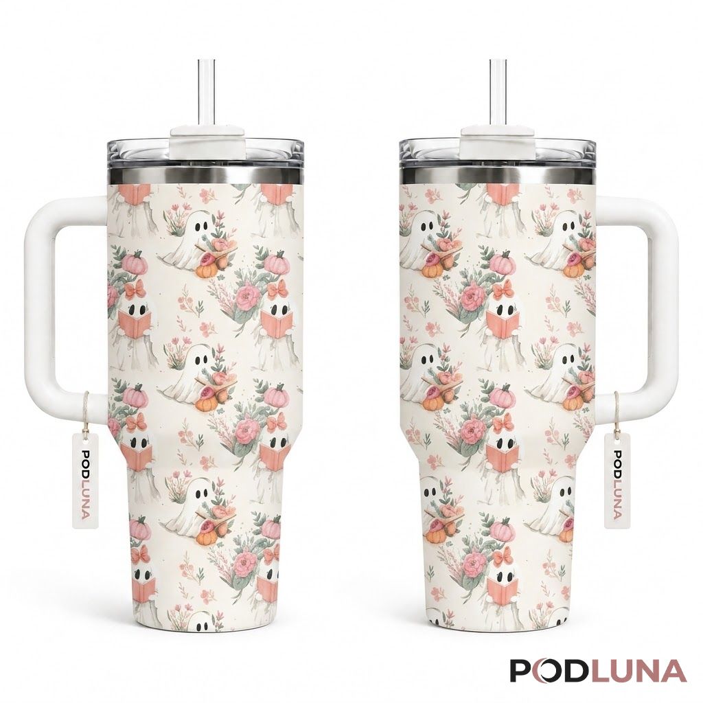 Floral Ghost Halloween Tumbler 40oz Reading Book Pink Pumpkin Design