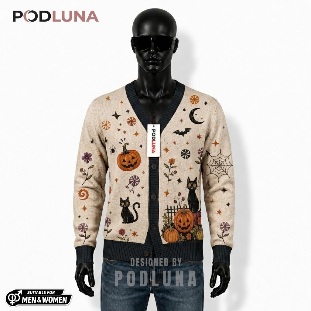 Floral Halloween Cardigan Black Cat Moon 1