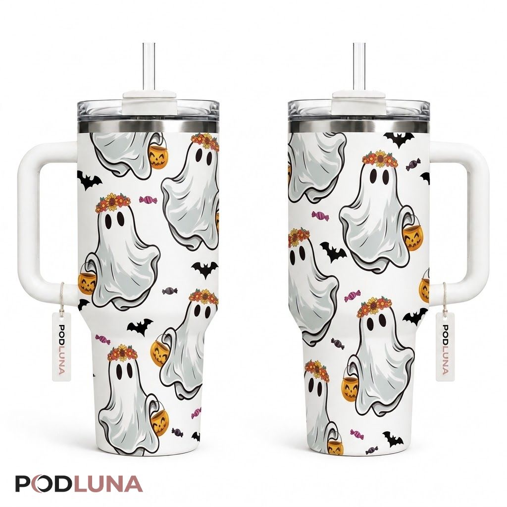 Flower Crown Ghost Halloween Tumbler 40oz Pumpkin Basket Candy Design