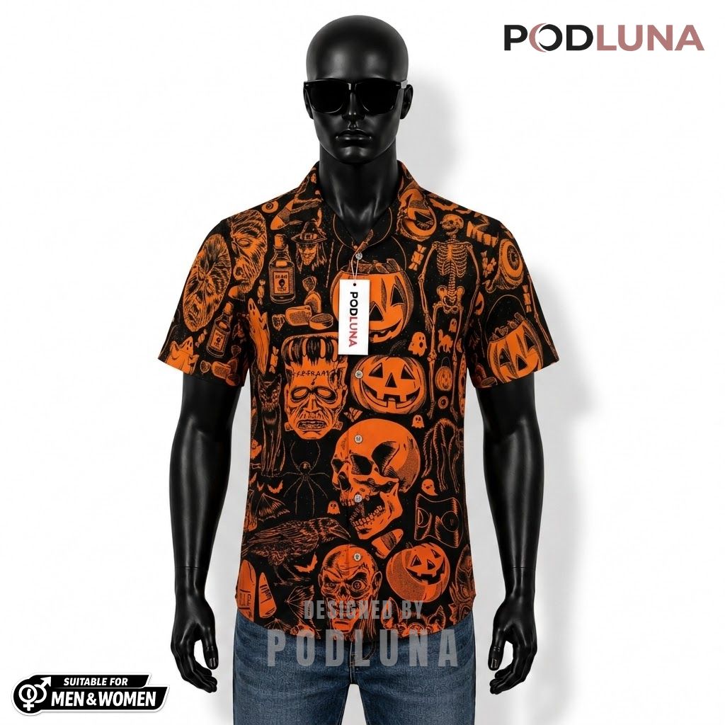 Frankenstein Halloween Hawaiian Shirt Monochrome Icon Pumpkin Front