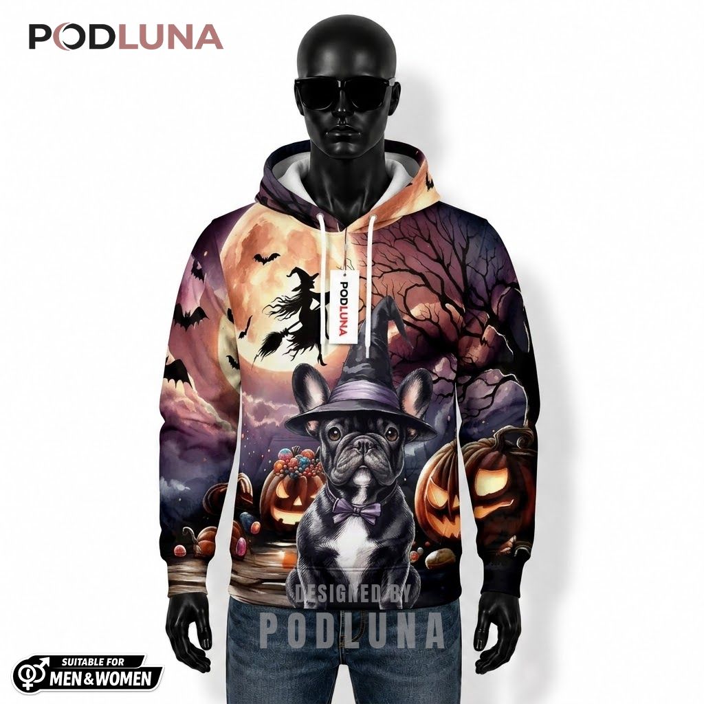 French Bulldog Halloween 3D Hoodie Witch Bow Tie Moon 1