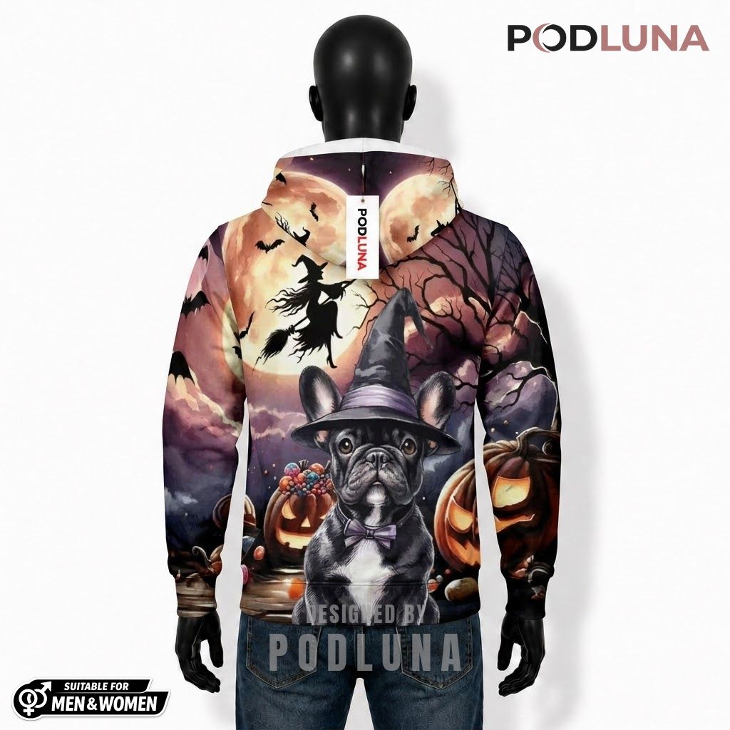 French Bulldog Halloween 3D Hoodie Witch Bow Tie Moon 2 French Bulldog Halloween 3D Hoodie Witch Bow Tie Moon 2