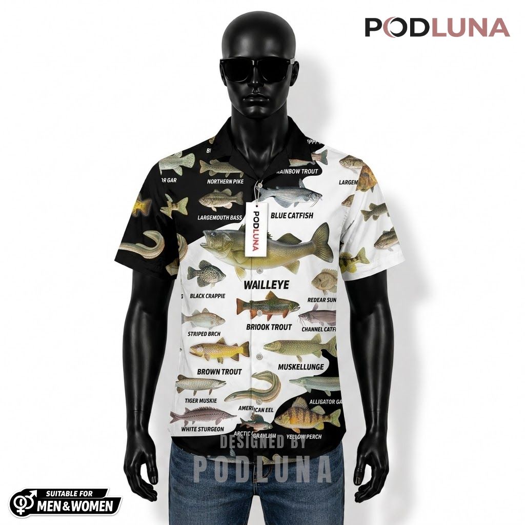 Freshwater Fishing Hawaiian Shirt Species Identification Chart Front