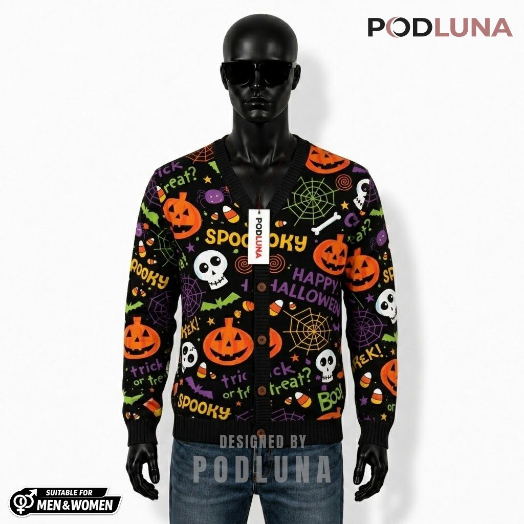 Funky Halloween Cardigan Pumpkin Skull Print 1
