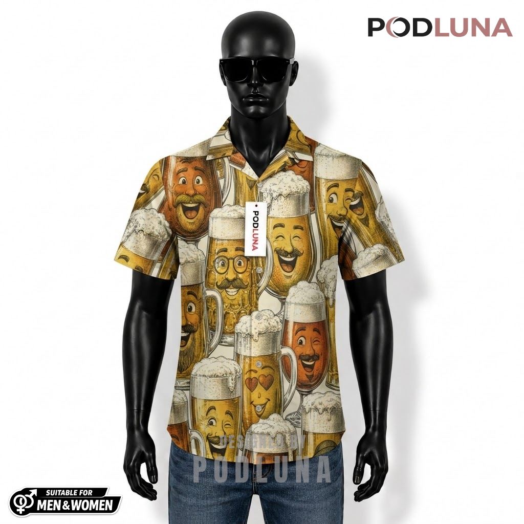 Funny Beer Hawaiian Shirt Mustache Cartoon Face Pattern Front