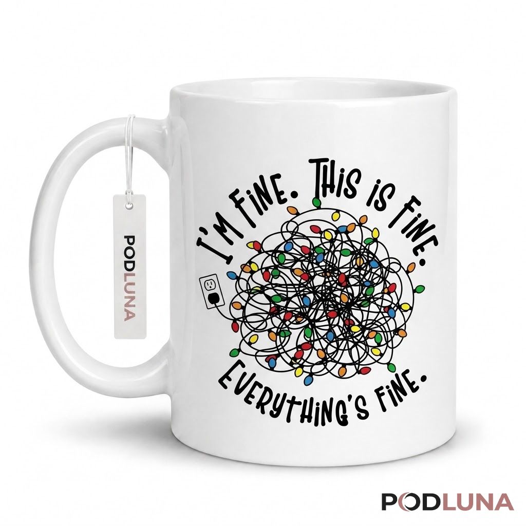 Funny Christmas Mugs I'm Fine Everything's Fine Tangled Lights Coffee Cup 1
