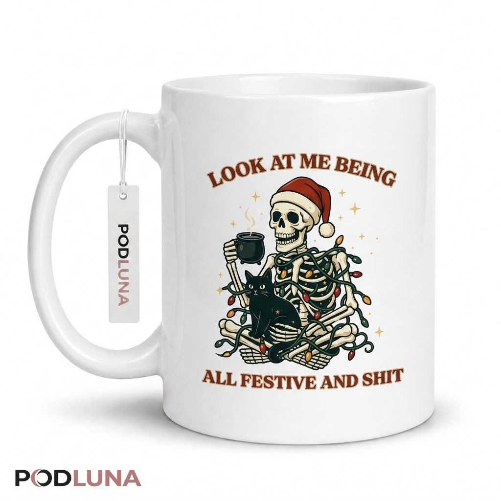 Funny Christmas Mugs Look At Me Being All Festive Skeleton Black Cat Coffee Cup 1