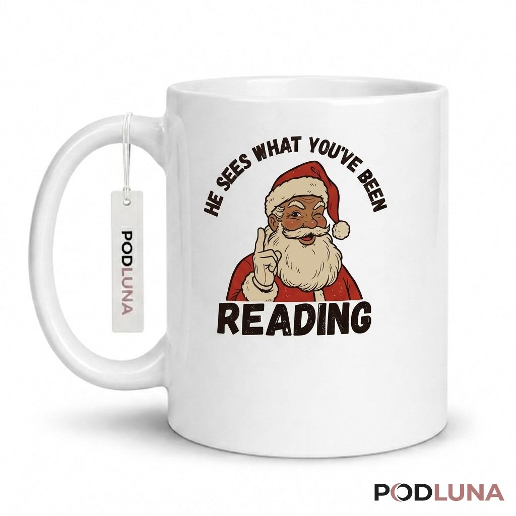 Funny Christmas Mugs Santa He Sees What You Have Been Reading Coffee Cup 1