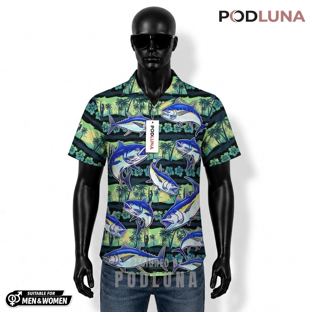 Funny Fishing Hawaiian Shirt Arm Cast Tuna Palm Print Front