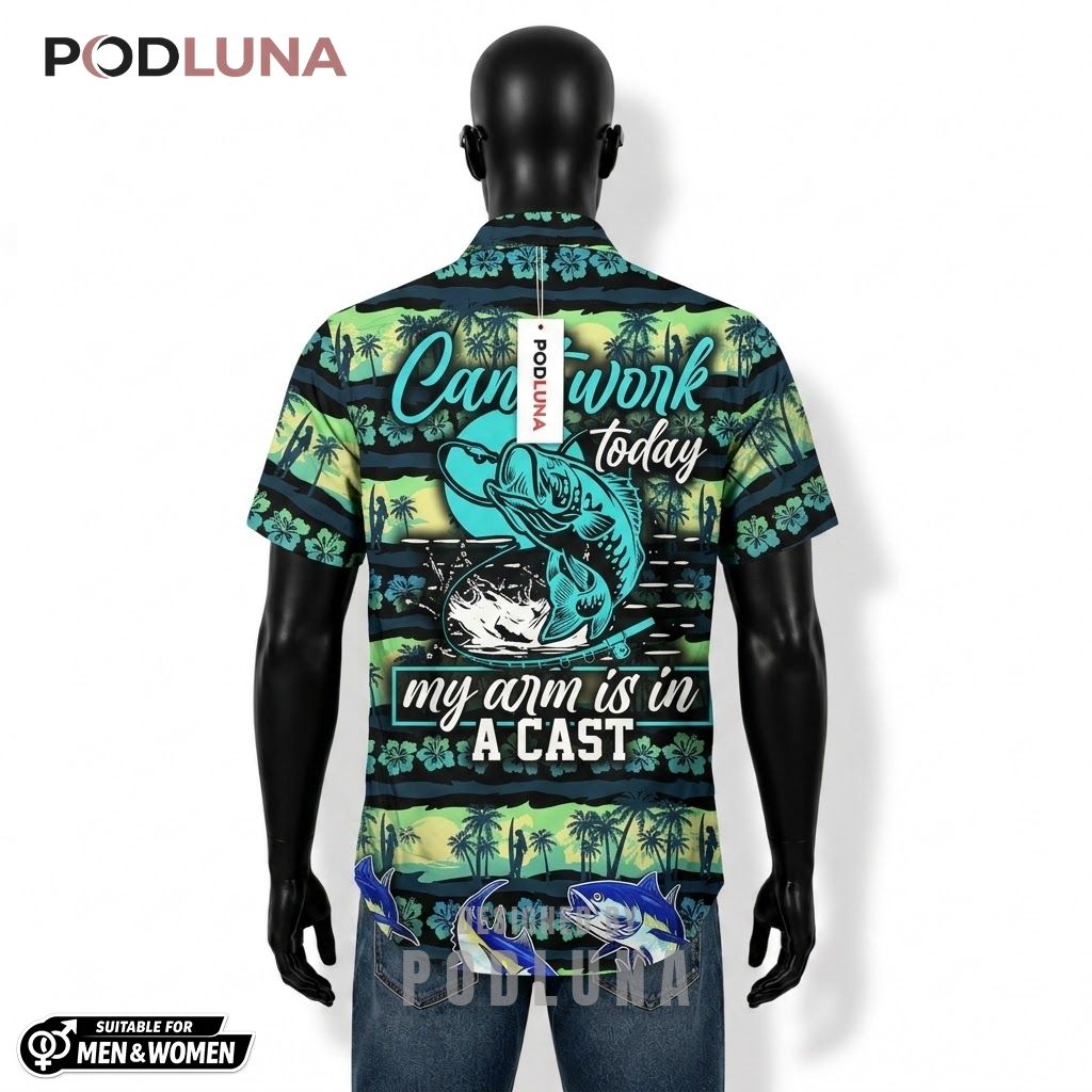 Funny Fishing Hawaiian Shirt Arm Cast Tuna Palm Print Back Funny Fishing Hawaiian Shirt Arm Cast Tuna Palm Print Back