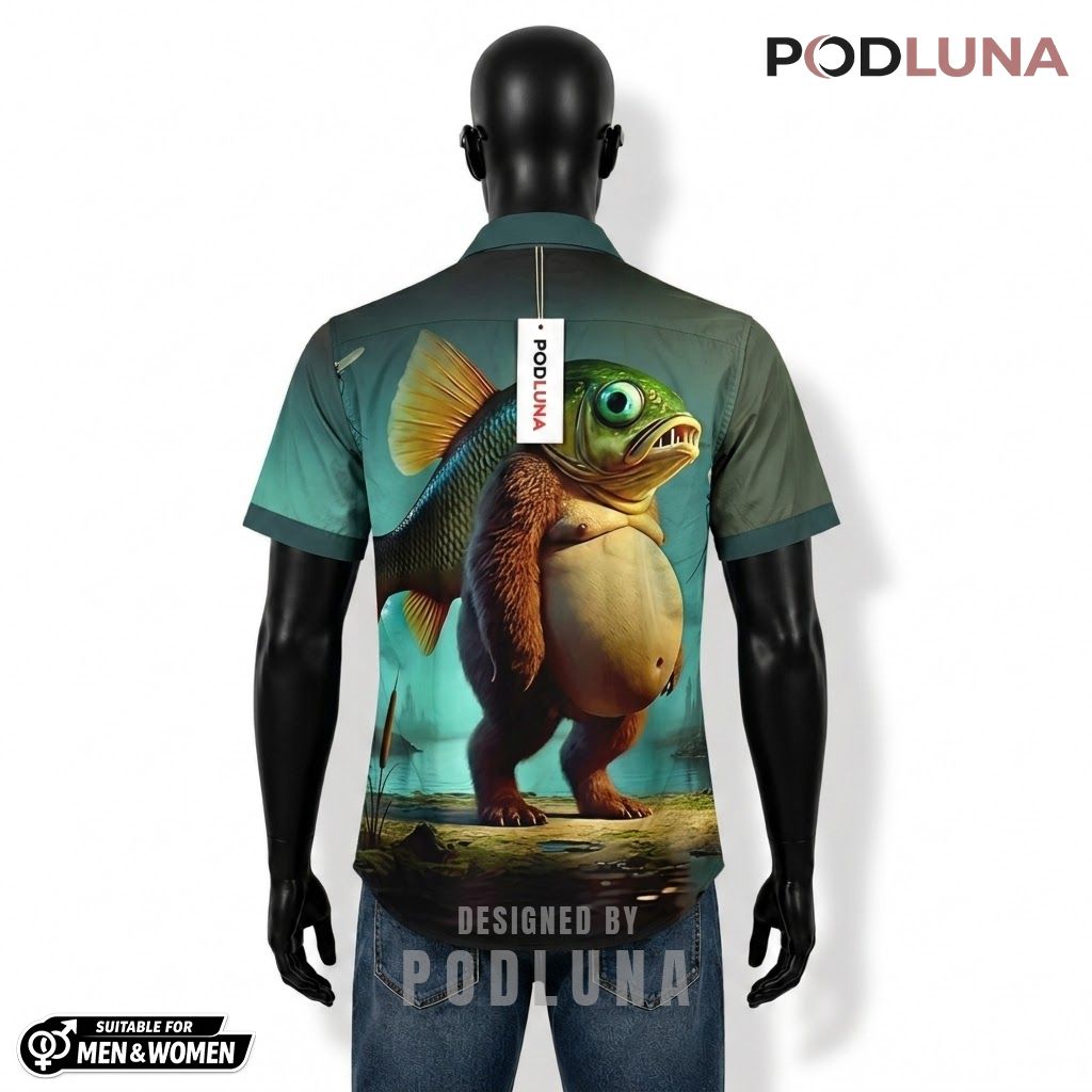 Funny Fishing Hawaiian Shirt Fish Monster Creature Art Back Funny Fishing Hawaiian Shirt Fish Monster Creature Art Back