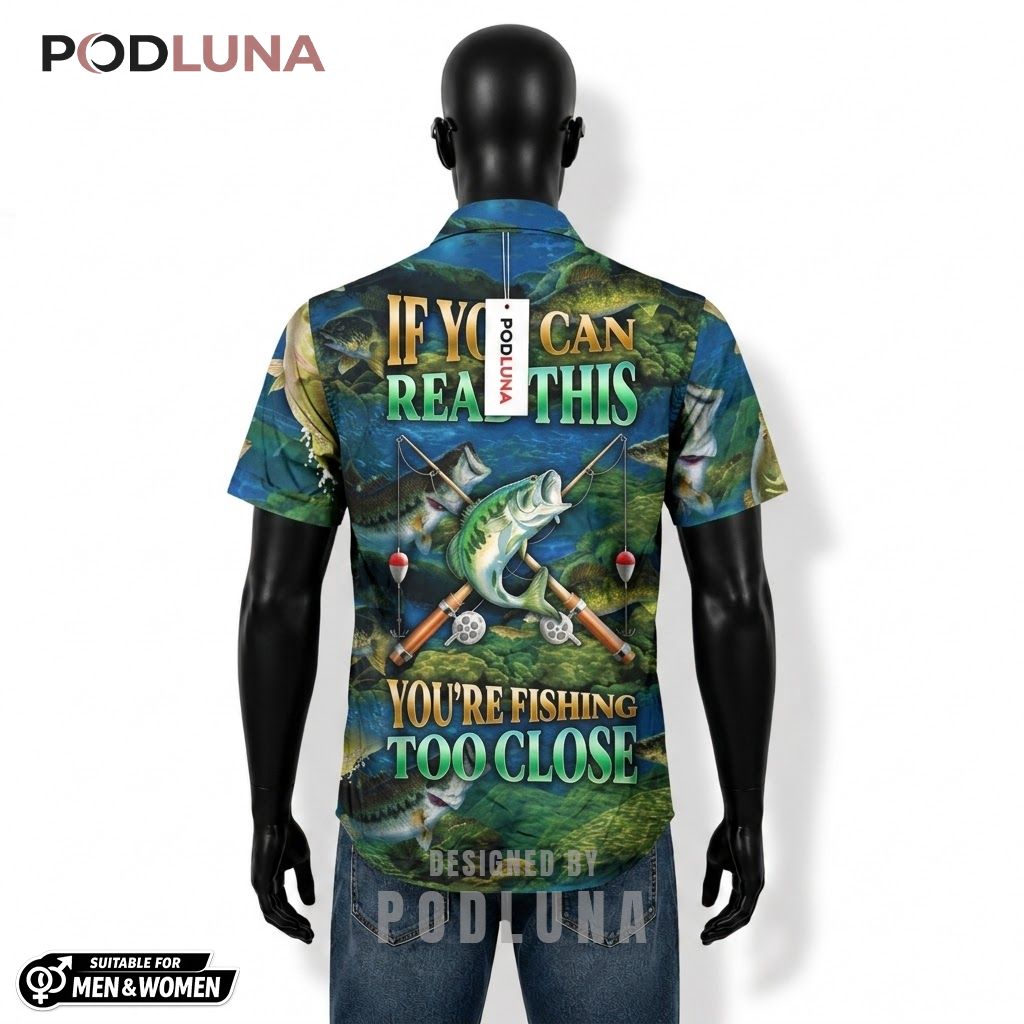 Funny Fishing Hawaiian Shirt Too Close Bass Print Back Funny Fishing Hawaiian Shirt Too Close Bass Print Back