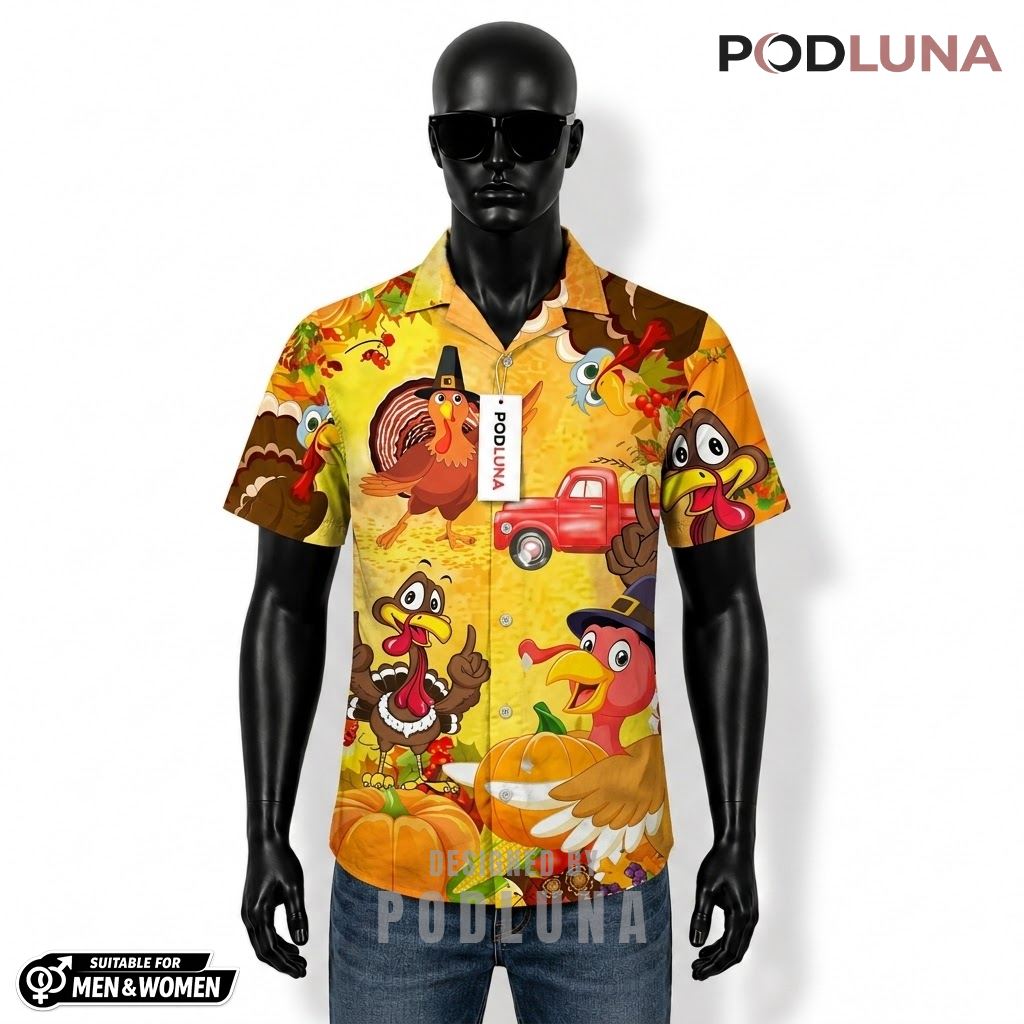 Funny Turkey Red Truck Thanksgiving Hawaiian Shirt Pumpkin Yellow Front