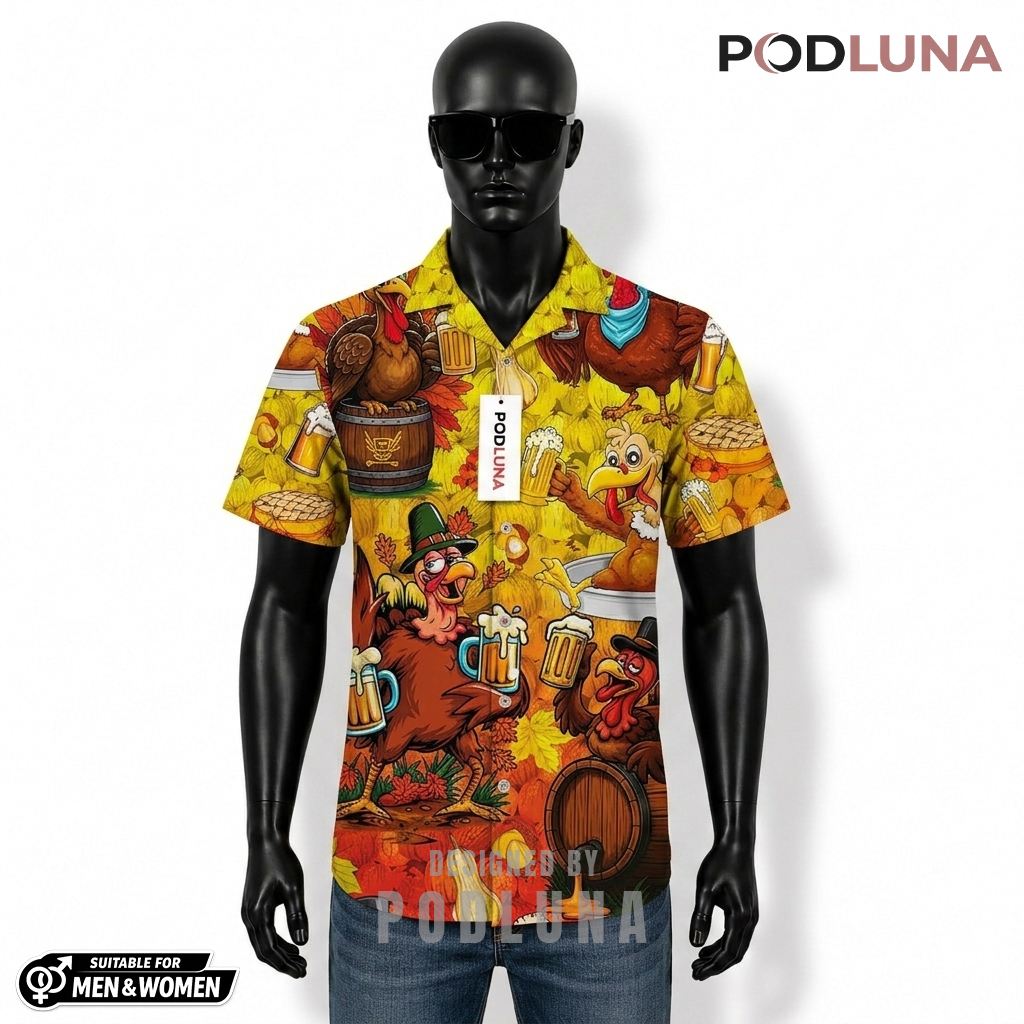 Funny Turkey Thanksgiving Hawaiian Shirt Beer Yellow Autumn Leaves Front