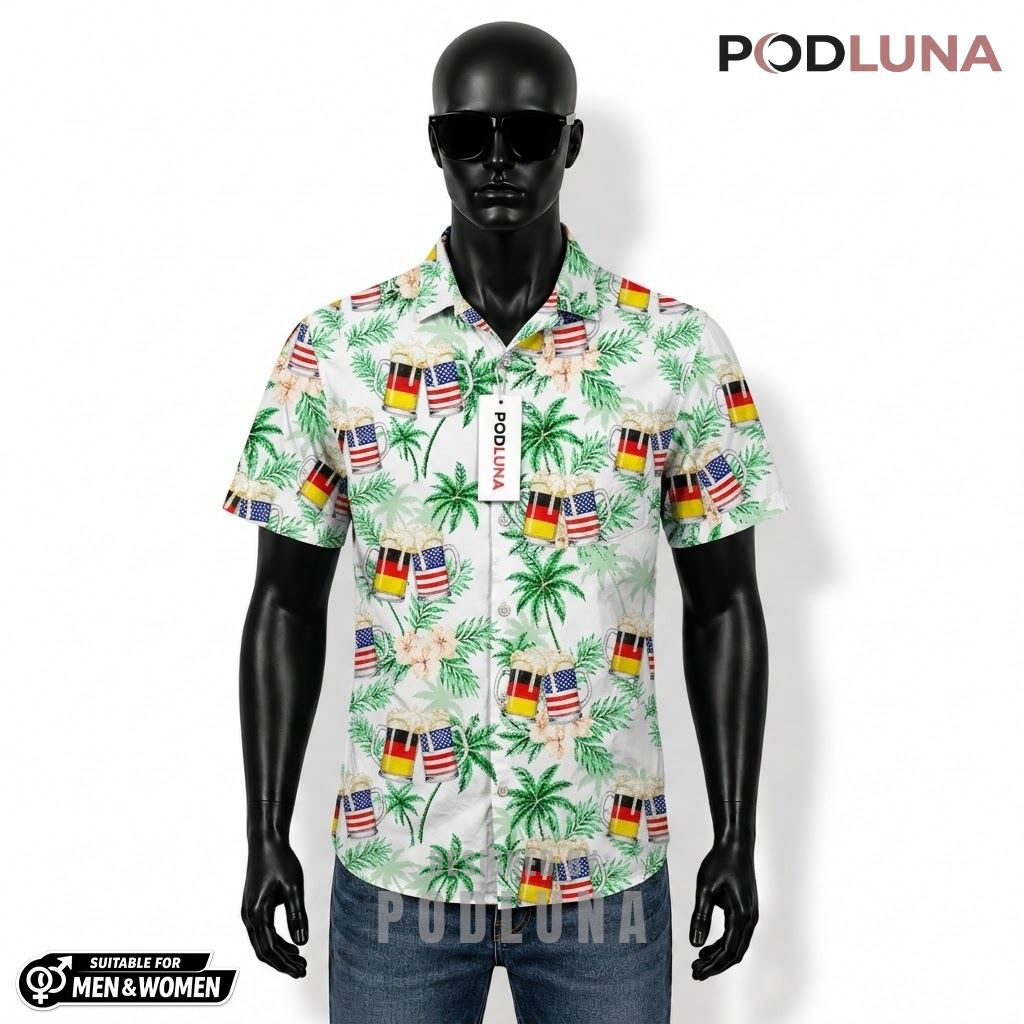 German American Beer Hawaiian Shirt Palm Tree White Pattern Front