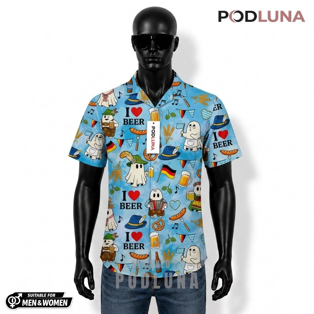 Ghost Beer Hawaiian Shirt Oktoberfest Pretzel Pattern Front