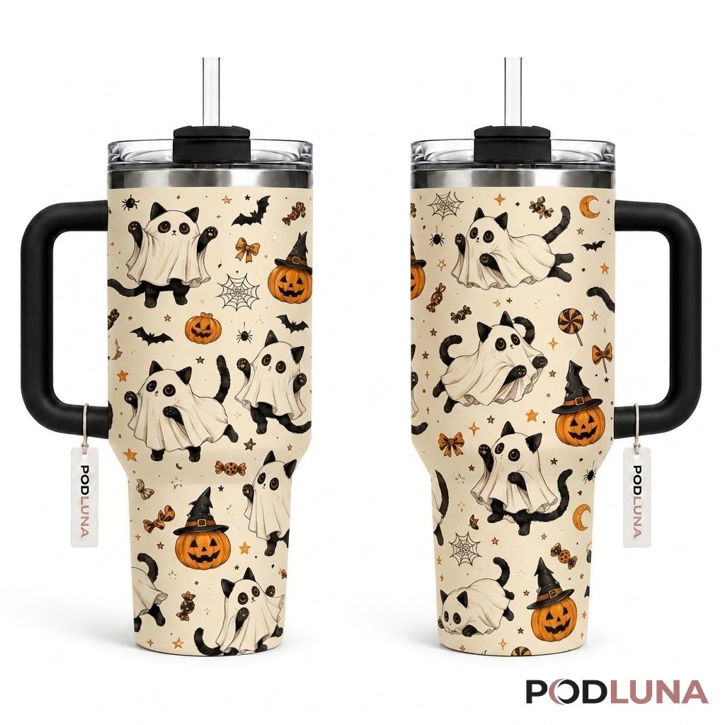 Ghost Cat Halloween Tumbler 40oz Costume Candy Pumpkin Design