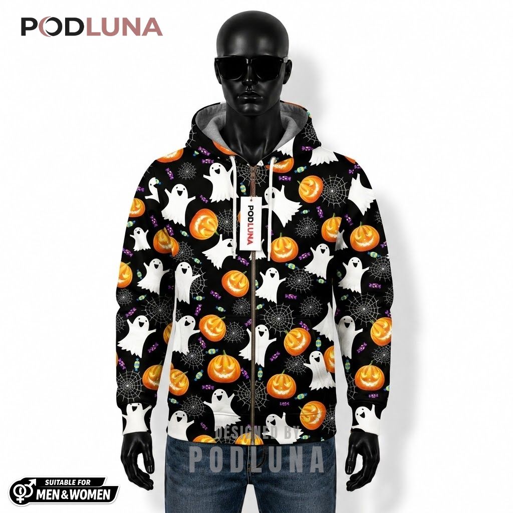 Ghost Halloween 3D Hoodie Candy Spiderweb Black Zip Pattern 1