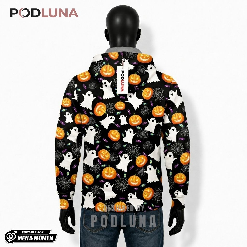 Ghost Halloween 3D Hoodie Candy Spiderweb Black Zip Pattern 2 Ghost Halloween 3D Hoodie Candy Spiderweb Black Zip Pattern 2