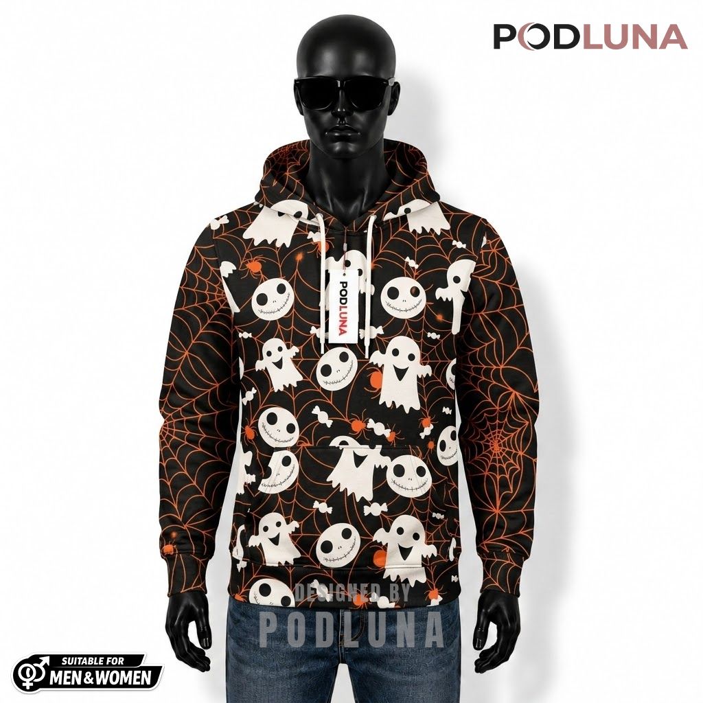 Ghost Halloween 3D Hoodie Cartoon Spiderweb Orange Pocket 1