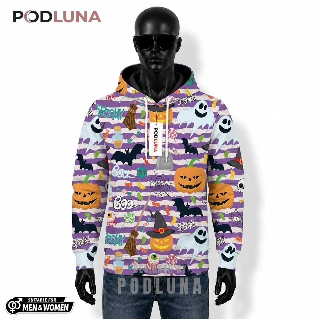Ghost Halloween 3D Hoodie Spooky Boo Cartoon Purple Pattern 1