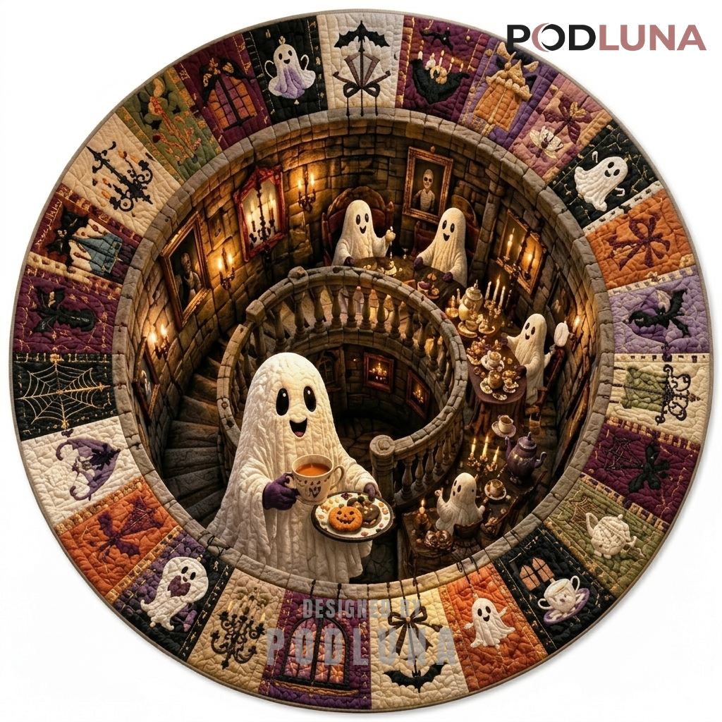 Ghost Halloween 3D Rug Cute Spirits Tea Party Staircase Scene
