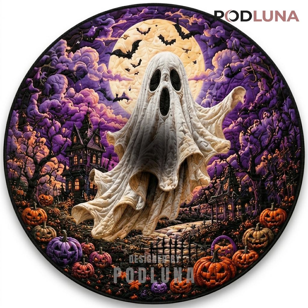 Ghost Halloween 3D Rug Purple Moonlit Haunted House Scene