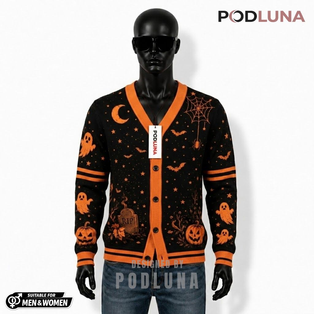 Ghost Halloween Cardigan Black Cat Coffee 1
